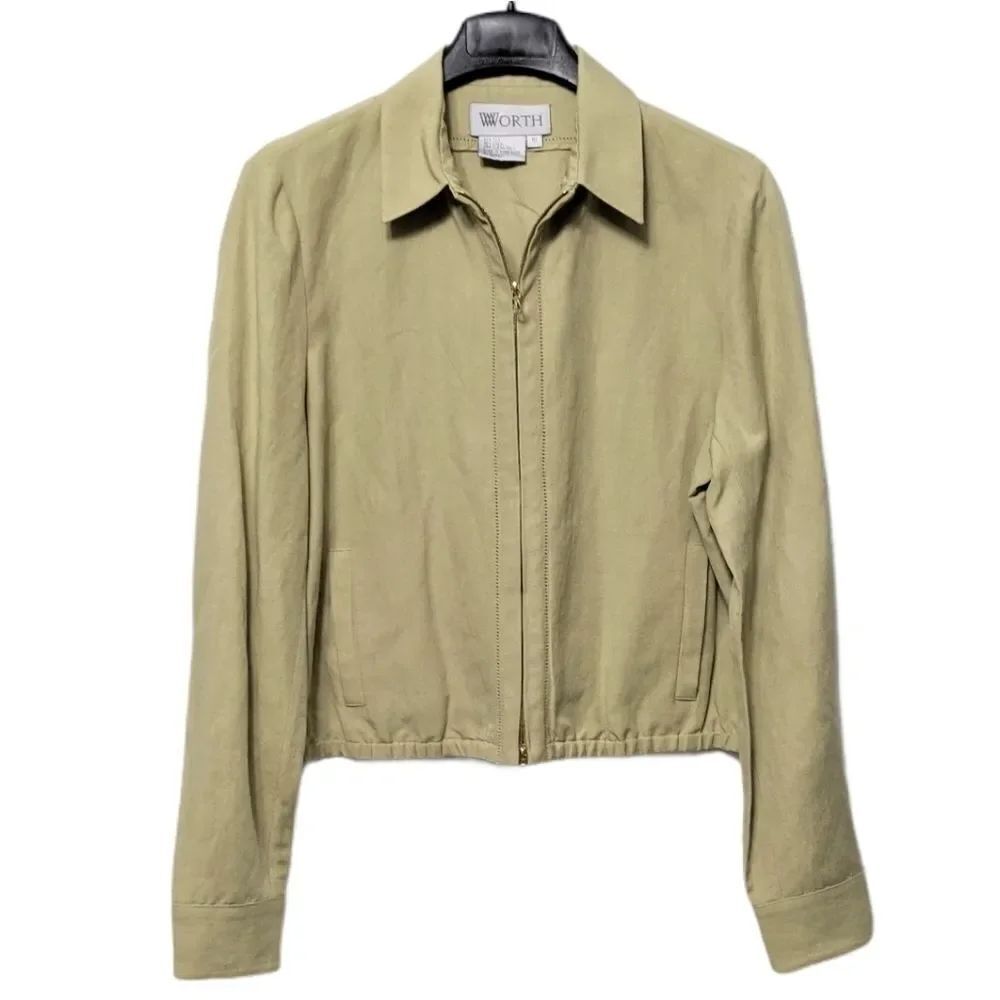 WORTH Green Silk Linen Zip Front Jacket 10